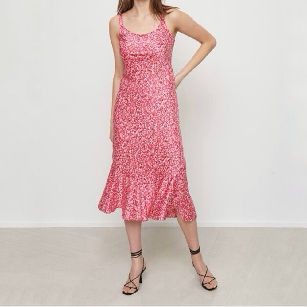 Dynamite Satin Pink White Purple Floral Print Slip Dress Midi SMALL